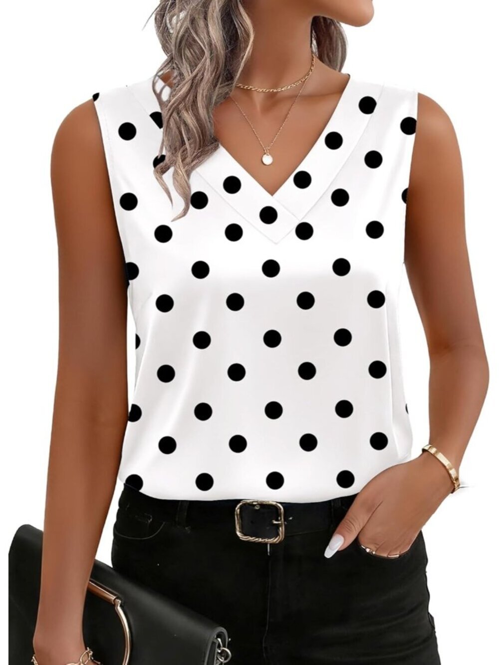 Women's Black Dots Sleeveless V Neck Casual Imported Shirt Silk Satin Tank Top